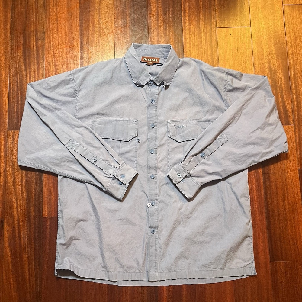 Simms Shirt Mens Extra Large Blue Faded Long Sleeve Hidden Button Down Fishing